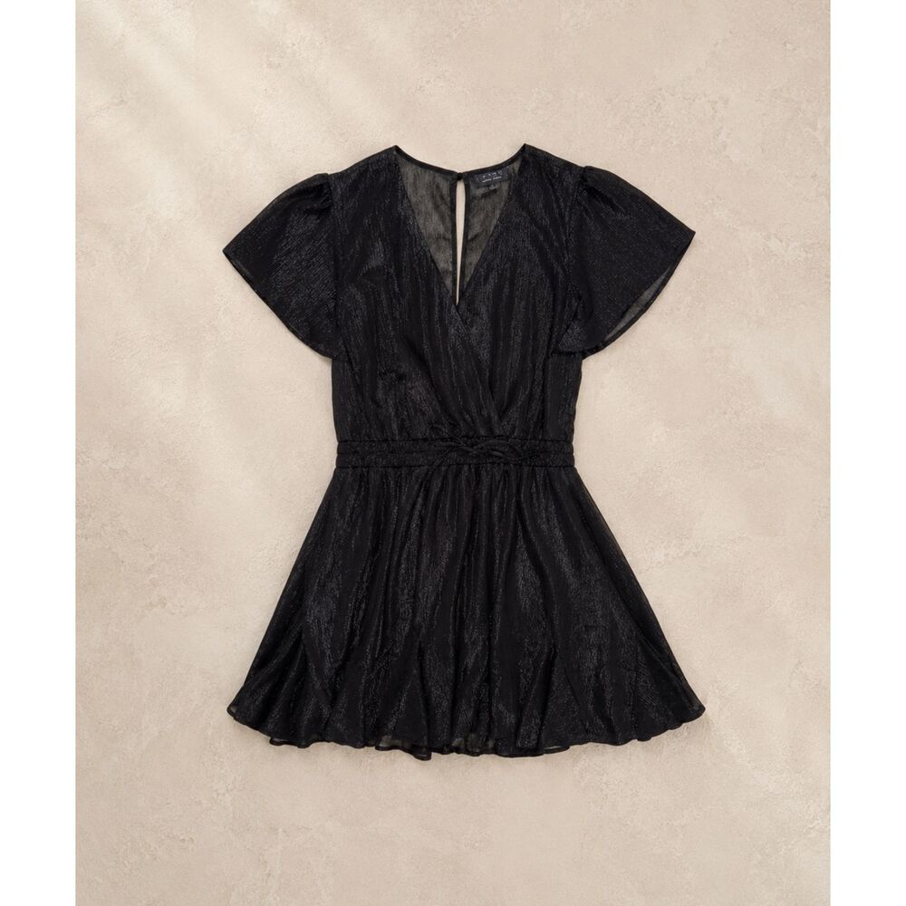 TRIXXI Black Shimmer Dress Flutter Sleeve V-Neck Elastic Waist Women's Large